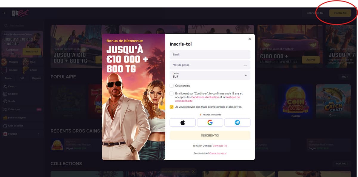 Pantalla del formulario de alta de GT Bet Casino accesible desde ropadripea.com