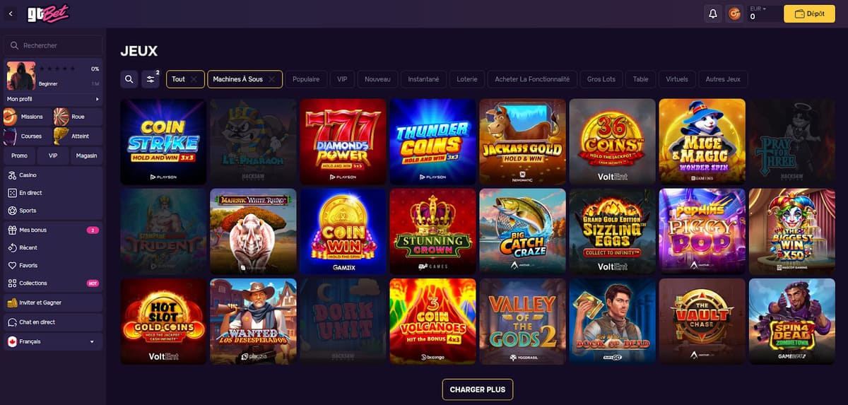 Catálogo de tragaperras adaptado a navegador móvil en GT Bet Casino