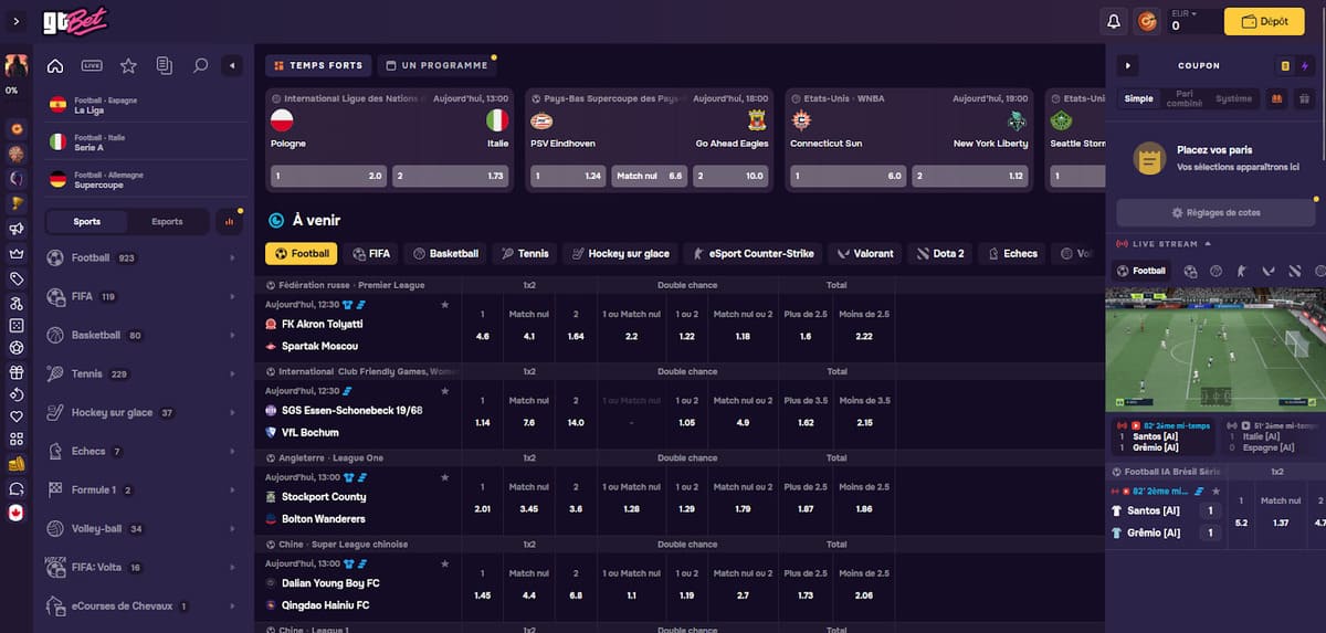 Pantalla del sportsbook de GT Bet con eventos en directo y cuotas live